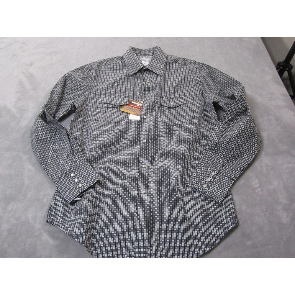 Wrangler Wrancher Western Shirt Mens Medium M Black White Pearl Snap Cowboy